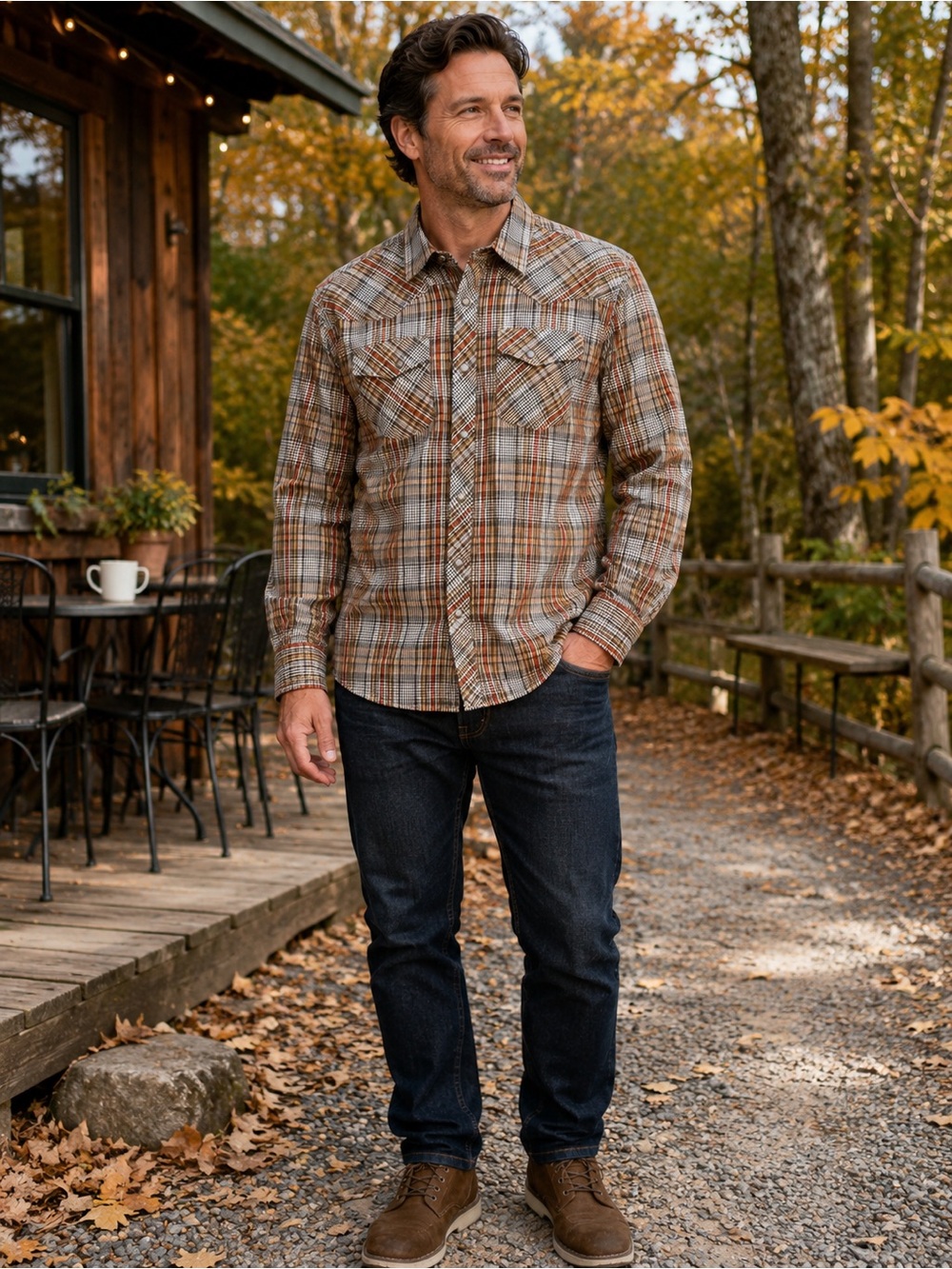 prAna Men’s Medium Organic Cotton Plaid Western Snap Shirt Brown Rust Outdoor